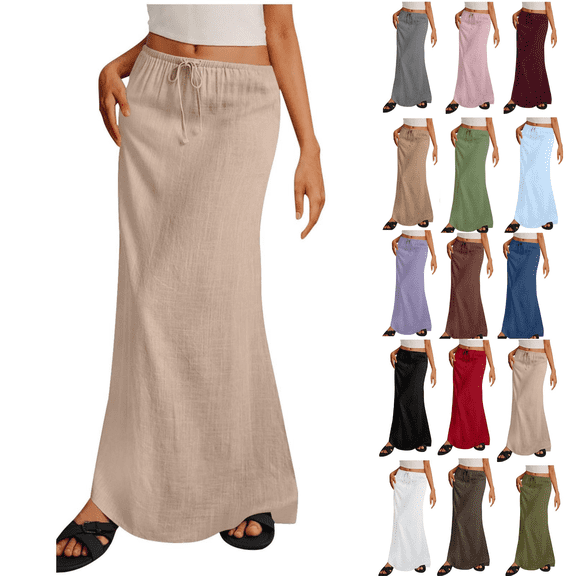 Jinhomg Boho Maxi Skirt for Women High Waist Solid Color Linen Skirt with Pockets Summer Beach Casual Skirt for Vacation Blue,L