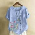 thumbnail image 2 of Pisexur Hauts en Coton et Lin Grande Taille pour Femmes, Décontractés, Été, Boho, Mode, Coupe Ample, Col Rond, Manches Courtes, T-Shirts Floraux pour Femmes P-5TG Bleu, 2 of 5