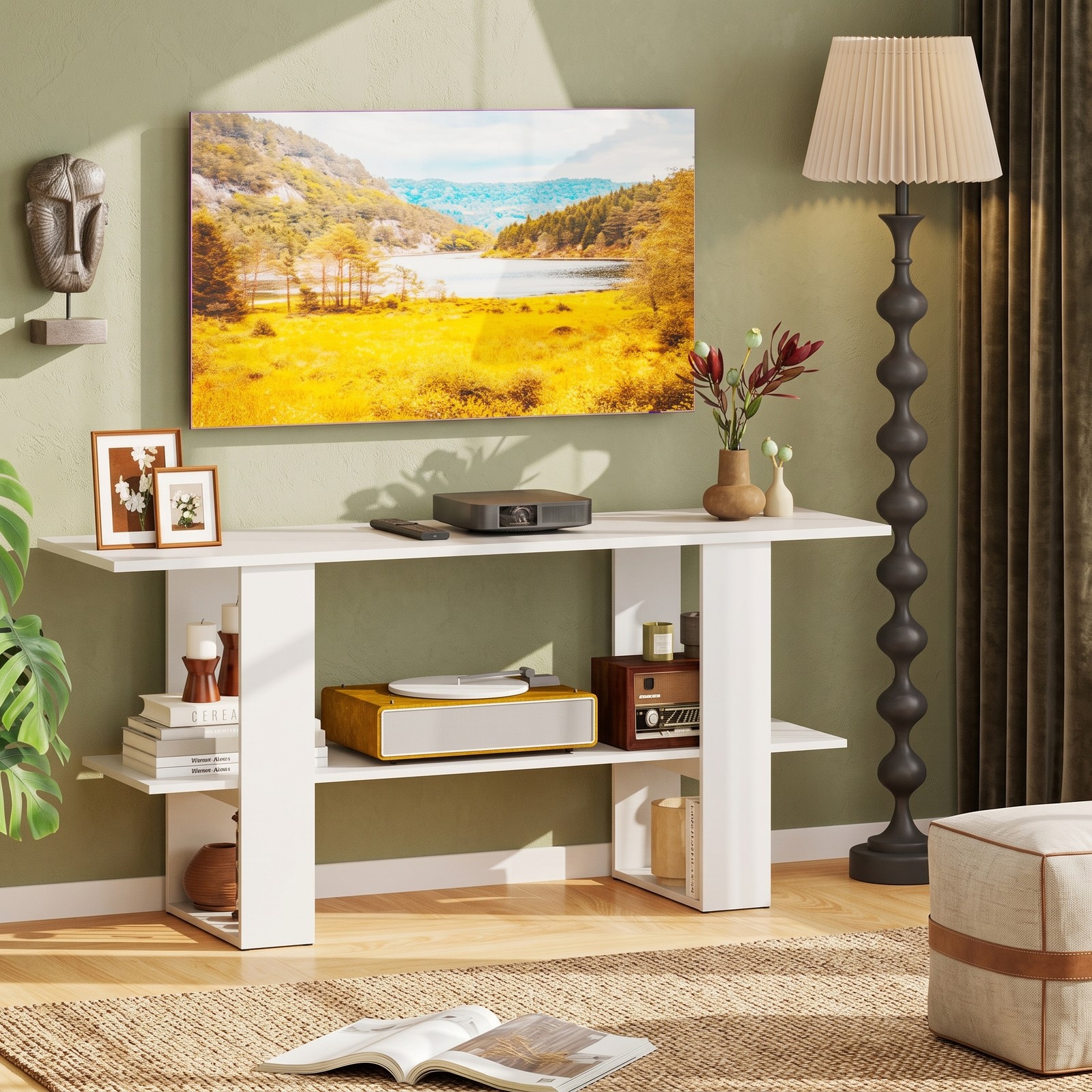 Furnibear 2-Tier TV Stand for TVs up to 55 Inch, Wood Entertainment Center Console Table with Open Storage Shelf, Media Cabinet for Living Room Bedroom, White