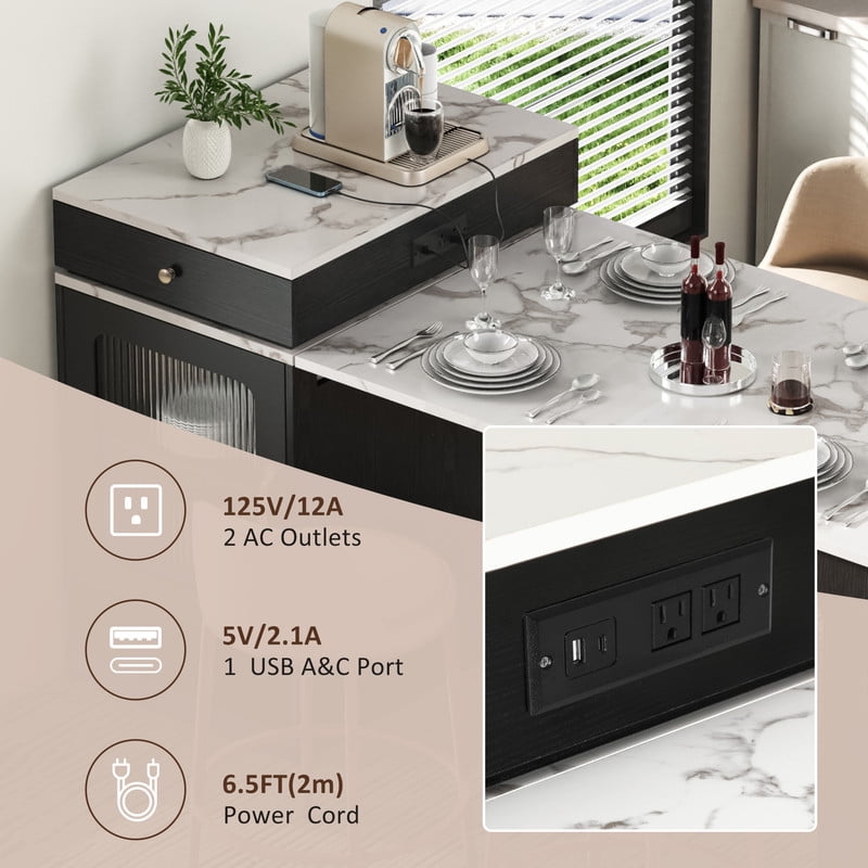 Bellemave 60" Kitchen Island with Extendable Dining Table and Power Outlet, Mobile Kitchen Storage Islands with 2 Storage Drawers, Rolling Islands Cart with Extra Rows Open Shelves（Black)