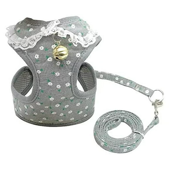 FZFLZDH Small Dog Vest and Leash Set Lace Trim Collar Bell Kitten Cat Harness No Pull Soft Mesh Padded Adjustble Puppy Clothes (Gray,L)