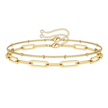 Turandoss 14K-Gold-Plated Bracelet for Women 14K-Gold-Plated Layering Oval Chain Bracelet Cute Layered Beads Women Jewelry Mothers Day Birthday Gift for Women Mom Teacher Girlfriend (Oval & Chain)