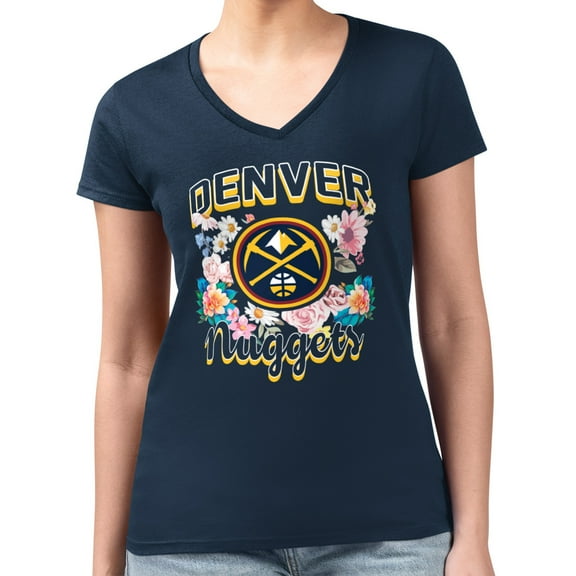 Women's G-III 4Her by Carl Banks Navy Denver Nuggets Super-Slim Fit Lightweight Flowers Team Logo Graphic V-Neck T-Shirt