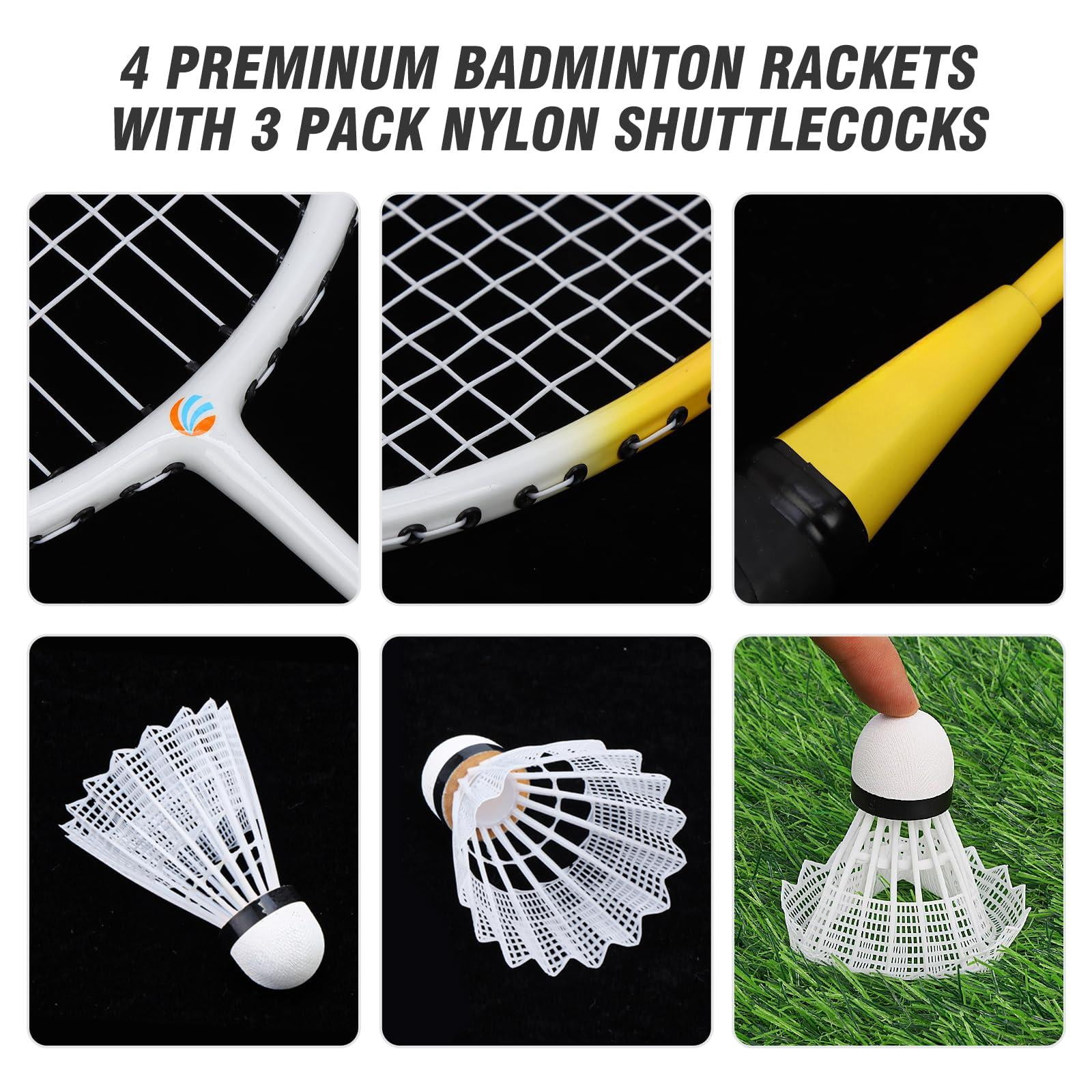 Portable Outdoor Badminton Net Set System For Backyard Lawn Beach  With Durable 4 Carbon Aluminum Rackets 3 Birdies And Carrying Bag