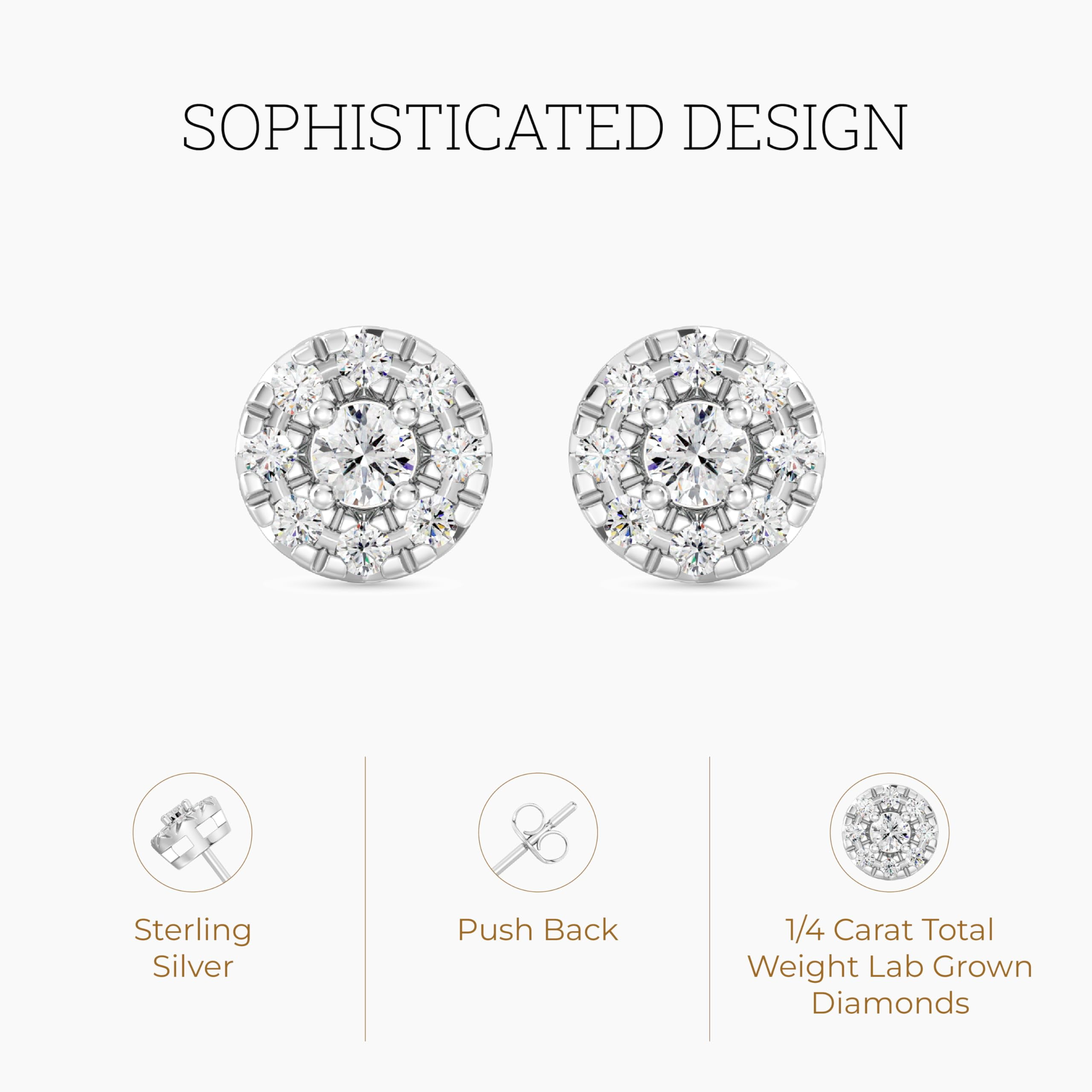 Gilded 1/4 Carat Total Weight Lab-Grown Diamond Stud Earrings for Women | 925 Sterling Silver | Round Halo Shaped | Hypoallergenic Fine Jewelry | Prong Setting, Push Back Nut | SI1 Clarity, F Color