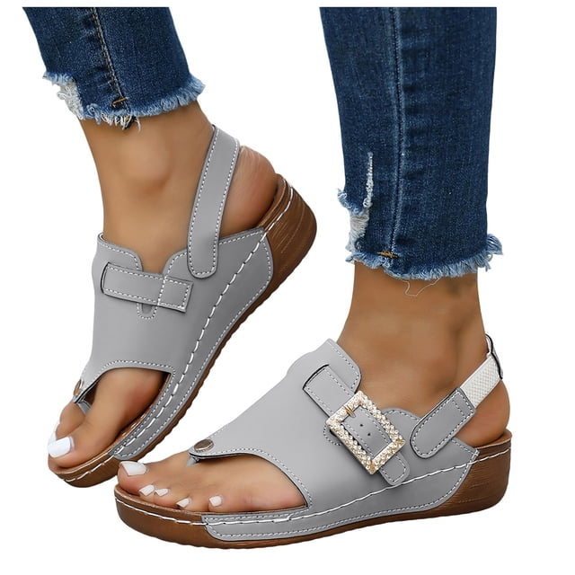 Dakaela Womens Leather Orthopedic Wedge Sandals Rhinestone Buckle Platform Flip Flops Arch Support Summer Beach Slip on Slides with Back Strap Grey Size 8