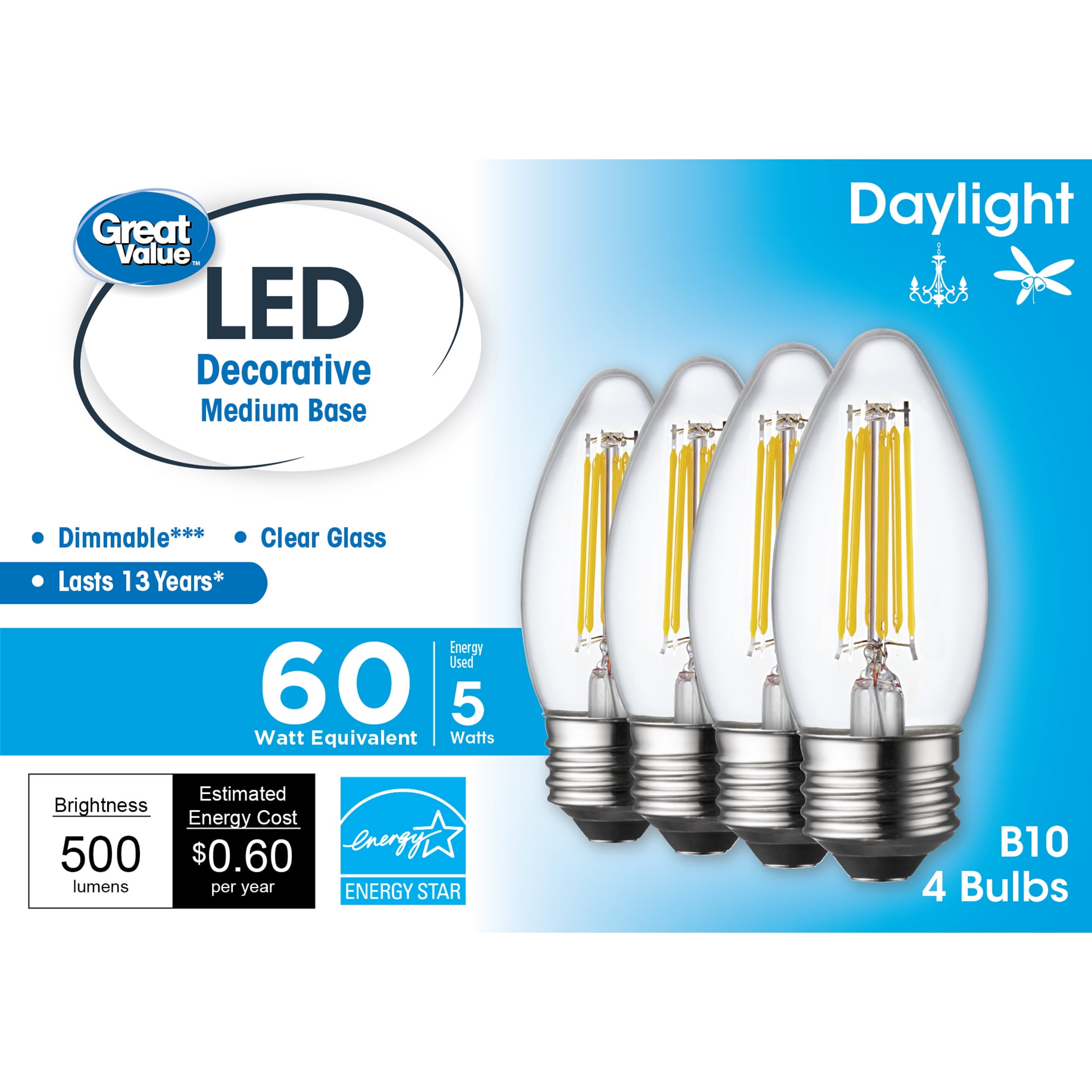 Great Value LED Light Bulb, 5.5 Watts (60W Equivalent) B10 Deco Lamp E26 Medium Base, Dimmable, Daylight, 4-Pack