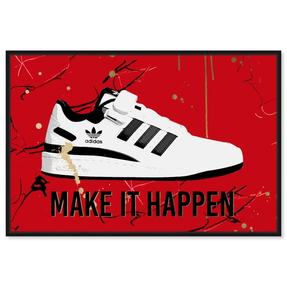 Make It Happen Sneaker Red Urban Style Canvas Wall Art by Notoriart, Black Floater Frame, 15"x10"
