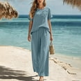 thumbnail image 5 of Ynynloco 2 Piece Cotton Linen Outfits for Women Casual Tracksuit Short Sleeve Tops And Wide Leg Long Pants Matching Lounge Sets, 5 of 8