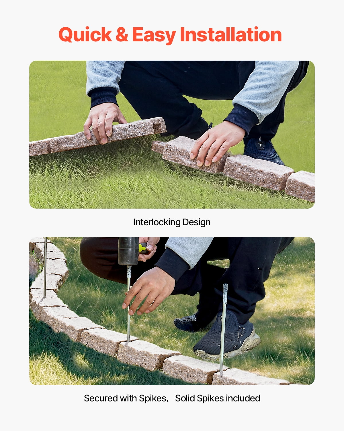 VEVOR Faux Stone Landscape Edging, 46.4 x 2.2 in Realistic Lawn Edging, Flexible Brick-Sized Garden Edging Border with Anchoring Spikes, Fade-Resistant Yard Edging for Driveways Walkway Brown