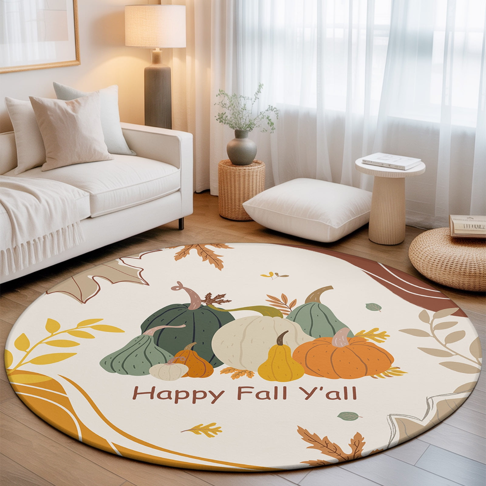 Round Area Rug - 3ft Happy Fall Pumpkin Orange Maple Leaf Non Slip Washable Circle Carpet Soft Large Floor Rugs for Living Room Bedroom Nursery Office