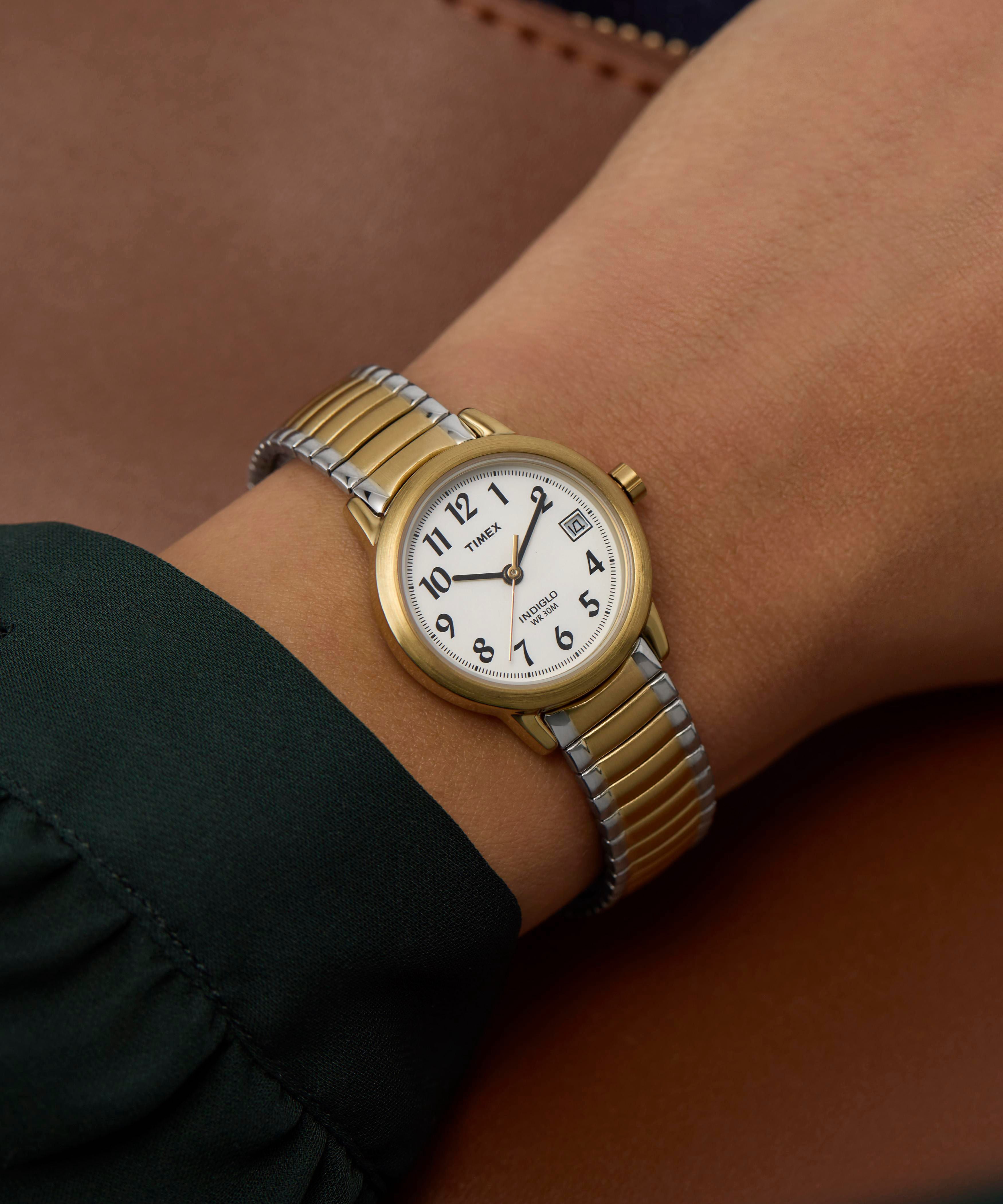 Timex Women's Easy Reader Date Two-Tone/White 25mm Casual Watch, Extral-Long Expansion Band