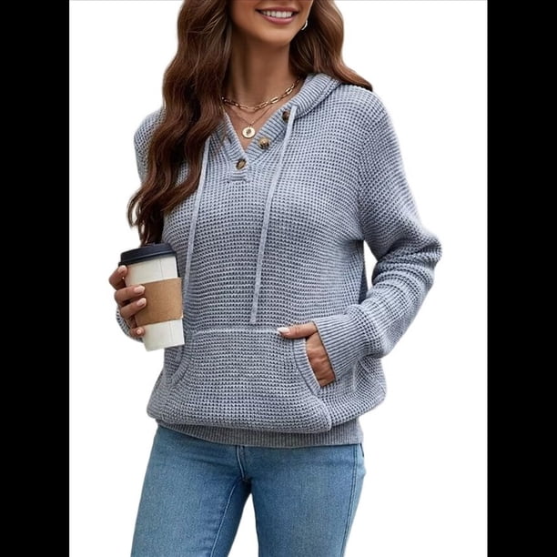 Sudadera de Lana Extragrande con Capucha y Colores Contrastantes para Mujer, de Punto, con Cuello en V, Informal, con Bolsillos Gris XL