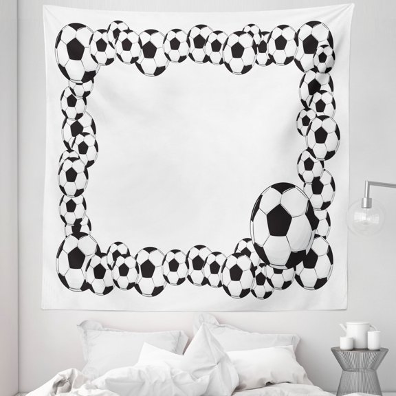 Soccer Tapestry, Monochrome Football Frame Pattern Abstract Illustration Playing Sports Game, Fabric Wall Hanging Decor for Bedroom Living Room Dorm, 5 Sizes, White Charcoal Grey, by Ambesonne