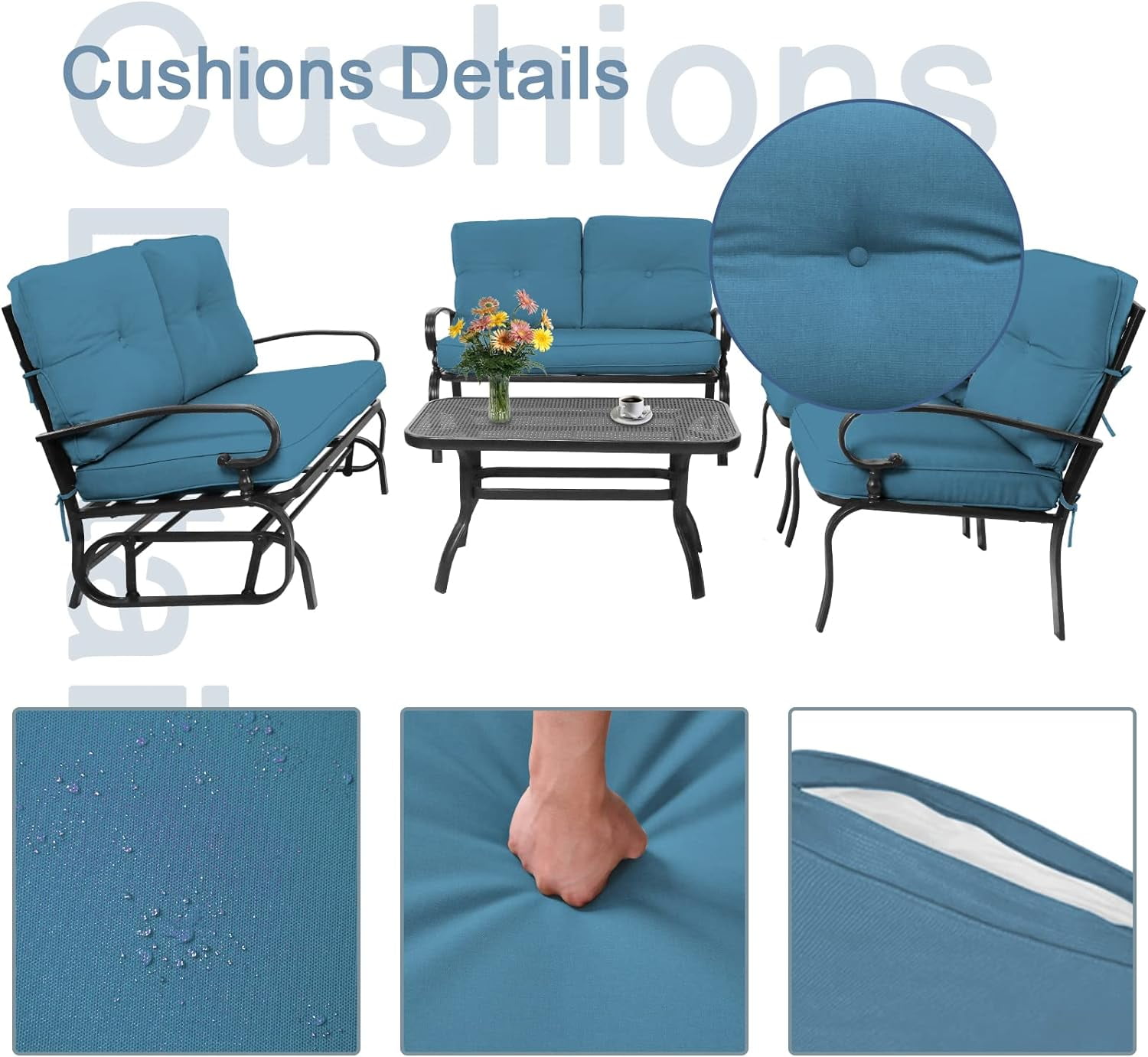 SOLAURA 5-Piece Outdoor Metal Furniture Set Patio Wrought Iron Conversation Set (Patio Swing Glider, 2 Patio Chairs, Loveseat with Coffee Table), Peacock Blue