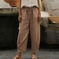 thumbnail image 4 of QUNYINEY Casual Pants for Women Wide Leg Cotton Linen Trousers with Pockets Elastic Waist Khaki M, 4 of 9