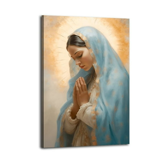 Mother Mary Canvas Print Our Lady Wall Art Blessed Virgin Mary Art Religious Poster Wrapped Wooden Frame Wall Decor,,Canvas Wall Art for Living Room,Bedroom,Office,Ready to Hang