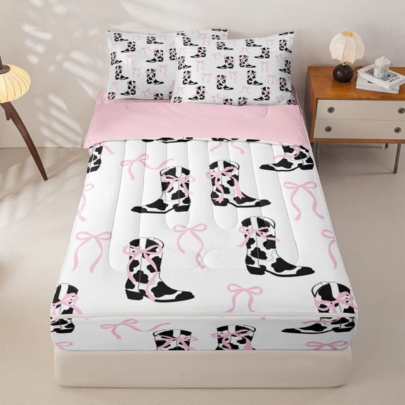 Homewish Black White Cow Print Cowgirl Boots Bow Print Zipper Twin Comforter Sets with Fitted Sheet and 2 Pillowcases,Country Style Zipper Bedding Set For Girls,Reversible,4-Piece