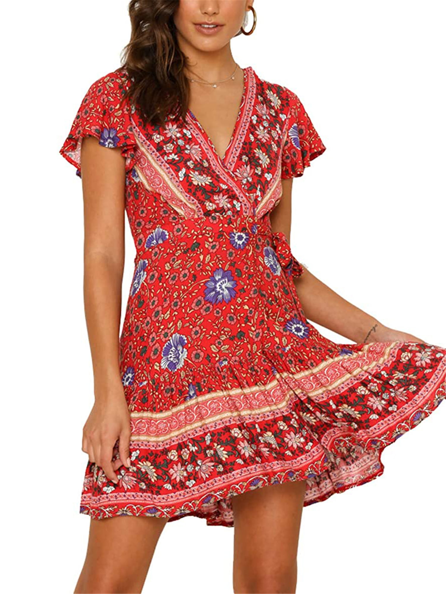 Womens Floral Print Midi Dresses Short Sleeve Bow Knot Bandage Suit Summer Casual See Through Cover Ups Straps A-Line Mini Tshirt Dress Loose Swing Flowy Pleated Floral Sun Dress 