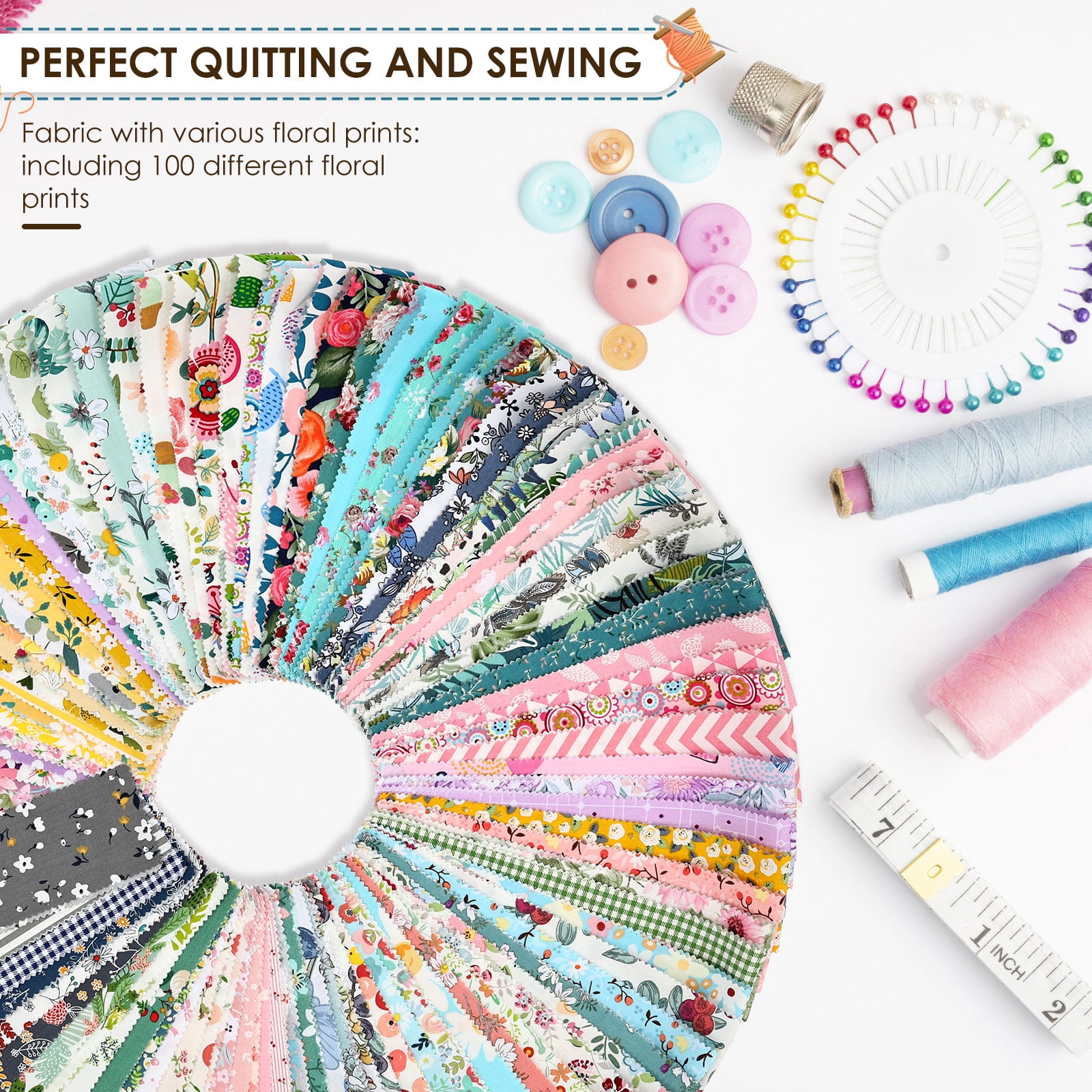 100 Pcs Jelly Roll Fabric Strips for Quilting, Crafting, and Sewing, 100 Strip Assorted Bundle, Soft Cotton for Blanket, Rug, Upholstery, Home Decor, and Purse Making, Cottagecore