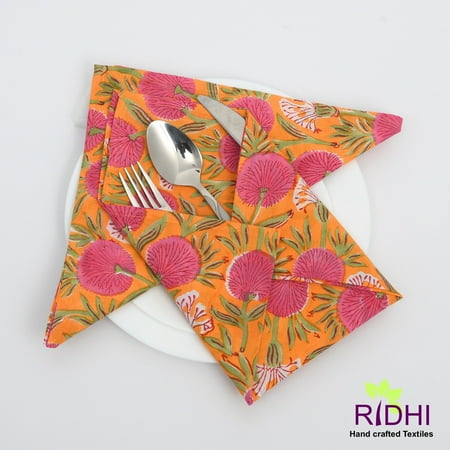 

Tangerine Orange Bubblegum Pink Indian Floral Hand Block Printed Pure Cotton Cloth Napkins 9x9 - Cocktail Napkins 20x20 - Dinner Napkins