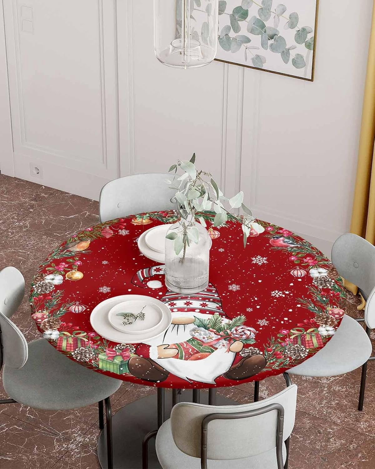 Merry Christmas Fitted Red Tablecloth Waterproof Round Table Cloth,Gnome Xmas Sock Gift Snowflake Tablecloths Pine Cone Ball Elastic Edge Table Cover for Winter Holiday Party Decor,45-52in