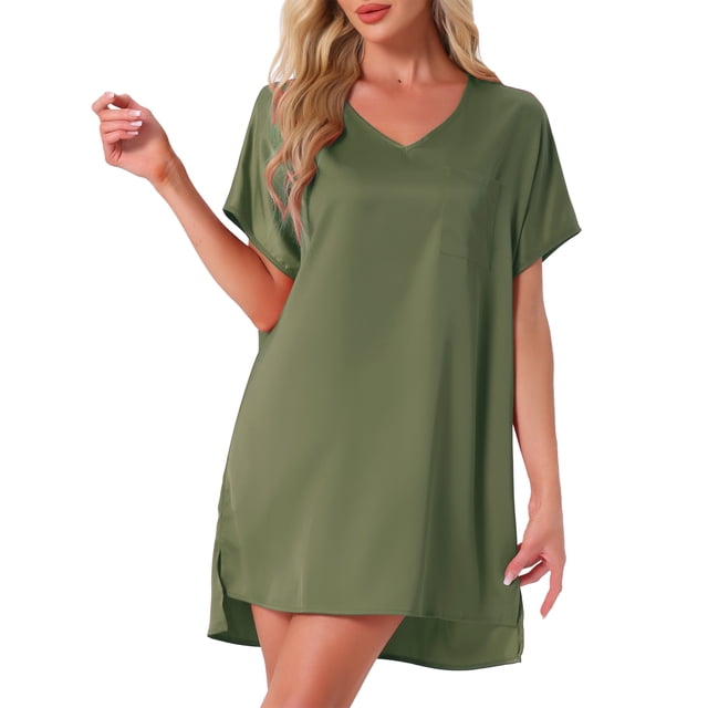 INSPIRE CHIC Camisón de Mujer V Cuello Suave de Manga Corta Ropa de Casa Largo hasta el Muslo Sleepdress XL Verde