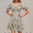 thumbnail image 1 of WILLBEST Vestidos Florales Para Mujer 2025 Nuevo Vestido A Cuadros De Cintura Alta Con Cuello Cuadrado Y Mangas Cortas, Vestido De Fiesta A La Moda Con Estampado De Cuadros, 1 of 3