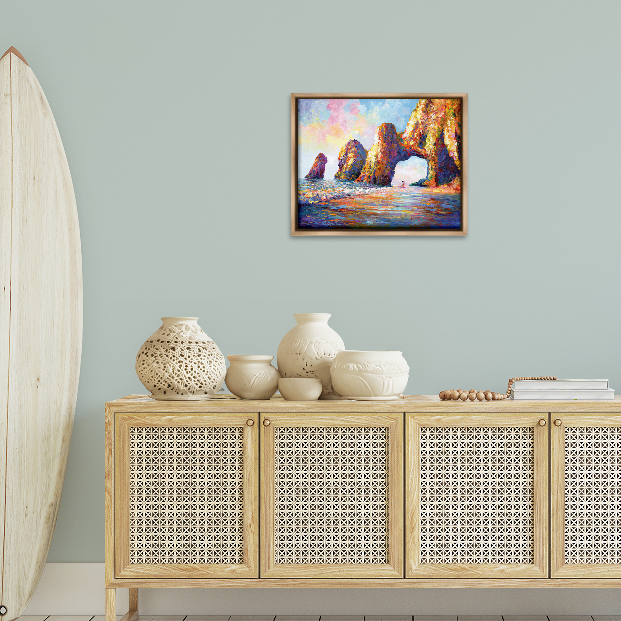 Stupell Industries Couple Strolling Beach Arch Landscape Painting Brown Floater Framed Canvas Art Print Wall Art, 21 x 17
