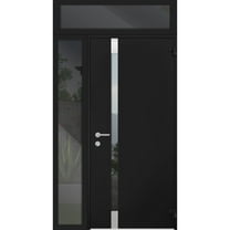 Front Exterior Prehung Steel Door / Cynex 6777 Black / Side and Top Exterior Window / Stainless Inserts Single Modern Painted-W36 12" x H80 16"-Right-hand Outswing