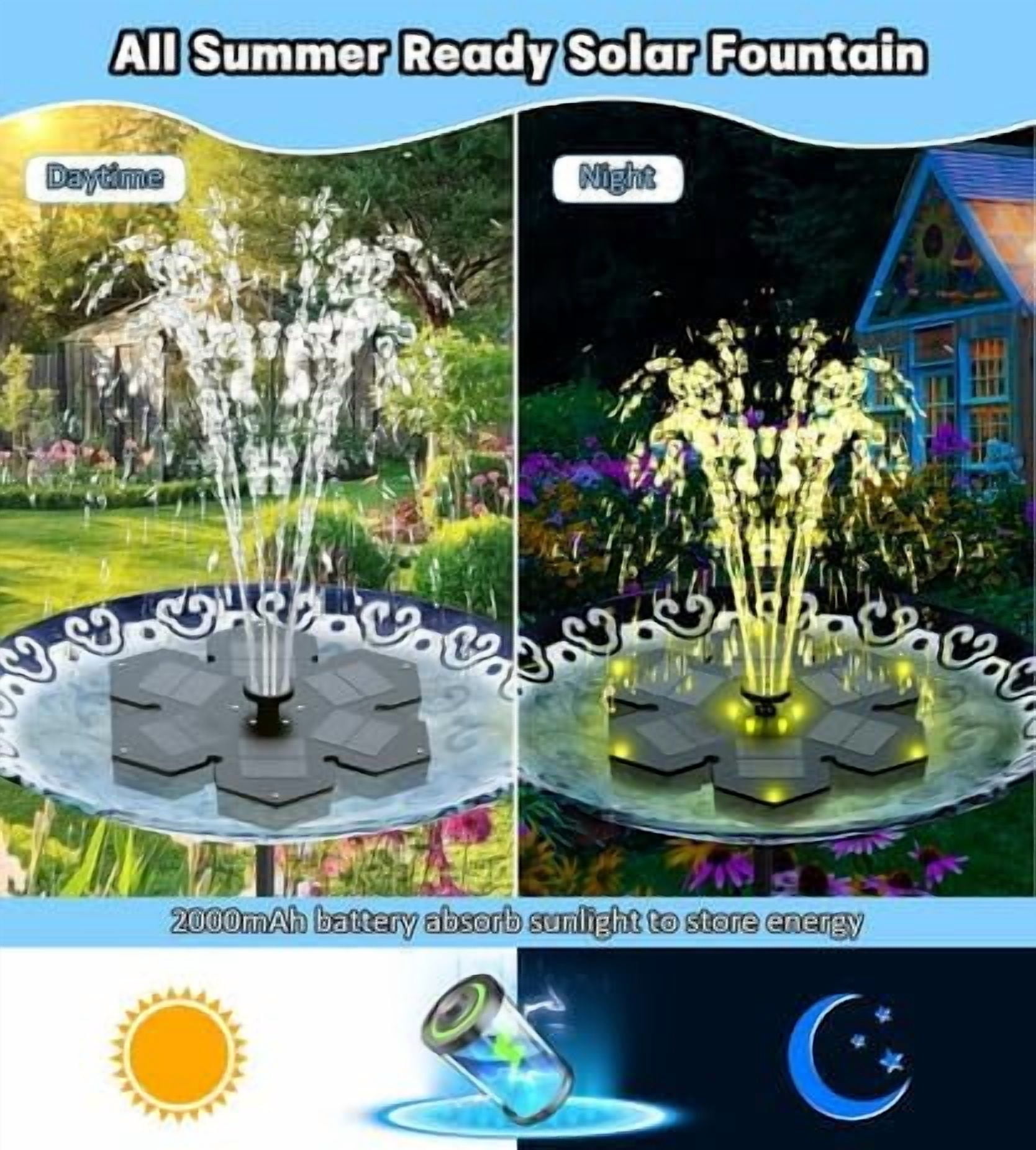 3.5W Upgraded Solar Fountain, Snowflake Double Layer Colorful Lights, 2000mAh Battery, 4 Fixed Brackets & 7 Nozzles, Outdoor Fountain for Garden, Patio and Pond Decoration