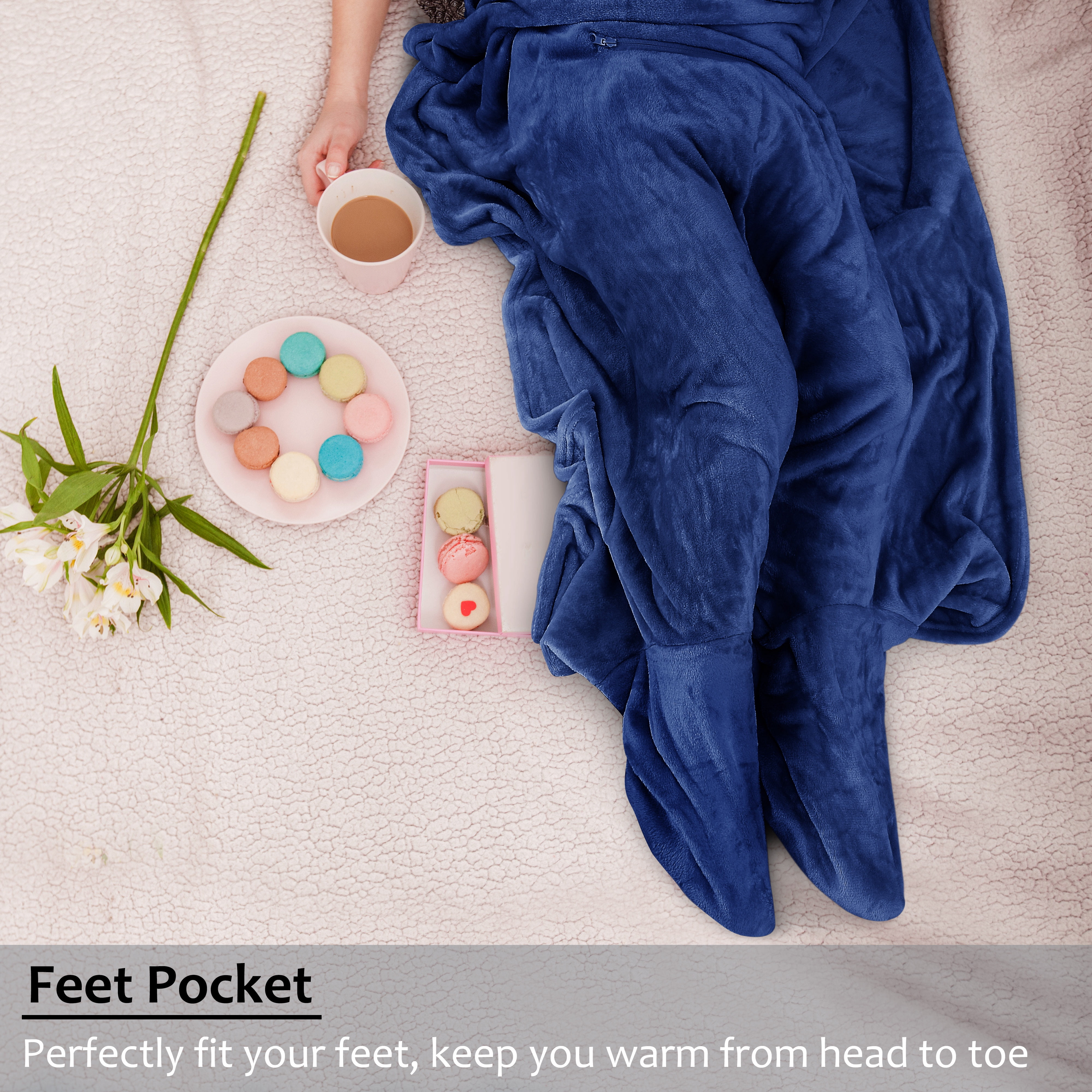 Tirrinia Fleec Wearable Travel Blanket with Foot Pockets for Women & Men | Zippered Front Pocket | Super Soft Lightweight & Cozy Throw Blanket for Adults, One Size Fits All, Dark Blue