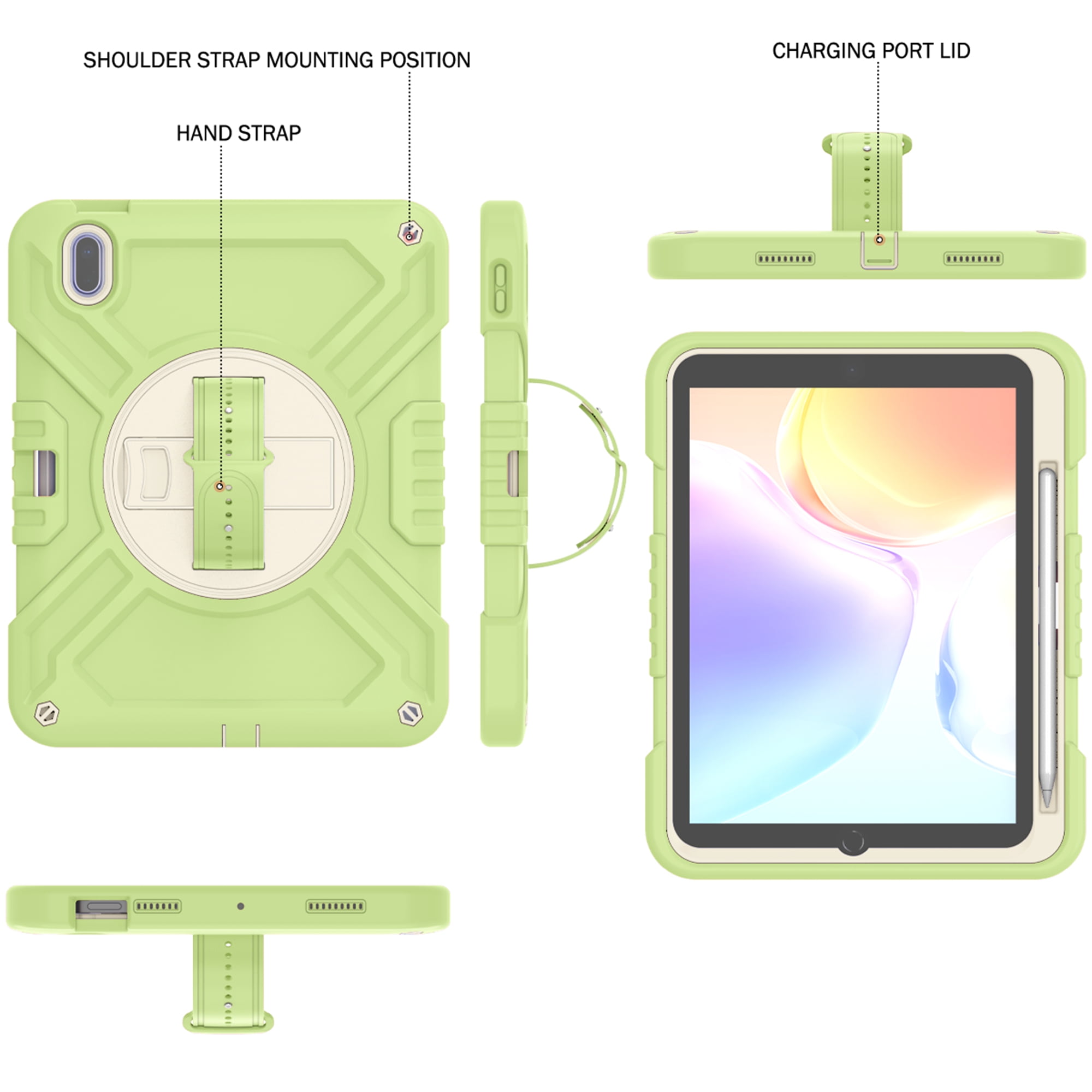 Dteck Kids Case for iPad 10th Generation Case 2022, Military Grade Shockproof Rugged Cover for iPad 10th Gen 10.9 Inch with 360° Swivel Stand - Handle - Shoulder Strap - Pencil Holder,Green White
