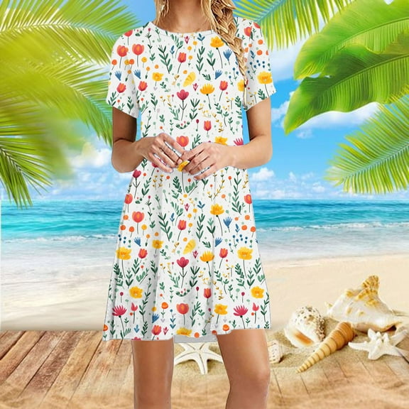 Viikei Dresses for Women Clearance,Trendy Striped Short Sleeve Dress,Women's Short Sleeved Dress with Floral Print Round Neck Dress White M