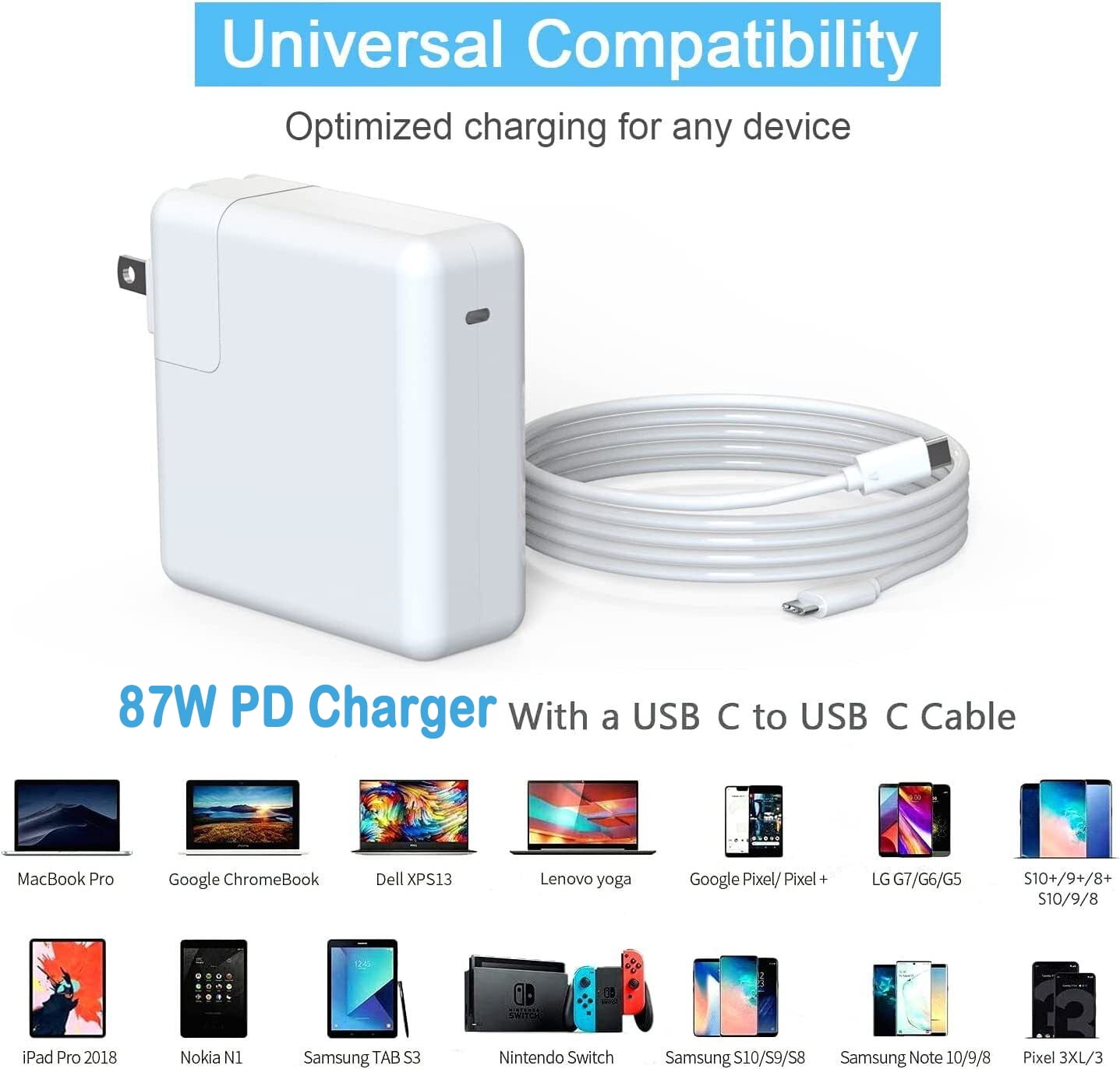 87W USB C Type C Power Adapter Fast Charger For MacPro 16, 15, 14, 13 inch 2021 2020 2019 2018, MacAir Retina 13 inch 2018 2019 2020, HP Spectre x360 13 15, Galaxy S10 Note 9, Google Pixel, One plus