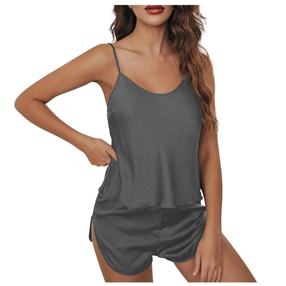 wycnly Pajama Set for Women Womens Pajamas Sets Silky Satin Sleepwear 2 Piece Outfits V Neck Sleeveless Camisole Top and Shorts Homewear Set Casual Solid Loungewear Sets Under $10