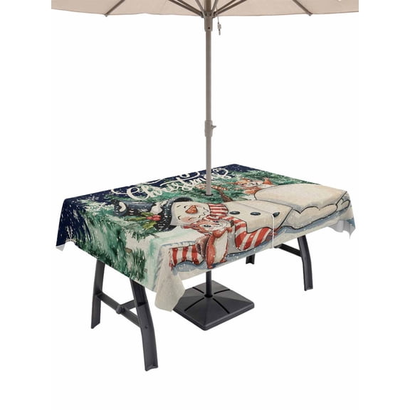 Outdoor Tablecloth with Umbrella Hole and Zipper, Navy Blue Snowman Christmas Rectangle Table Cloth 52x70 Inch Waterproof Tablecloth, Xmas Tree Rustic Snowflake Picnic Table Cover for Patio Camping