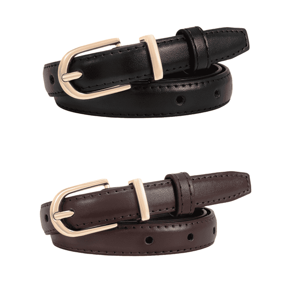 KALUNMA 2 Pack Women Genuine Leather Waist Belt for Jeans Pants Dresses Elegant Thin Ladies Belts with Gold Pin Buckle