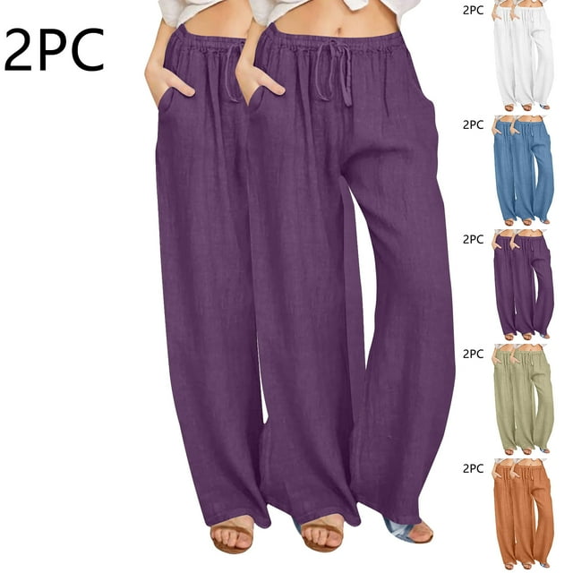 Sentmoon 2PCS Linen Pants Solid Color Drawstring Elastic Waist Womens Spring Pants Plus Size Loose Fit Wide Leg Comfy Summer Lounge Pants Beach Stuff for Travel and Vacation Green L