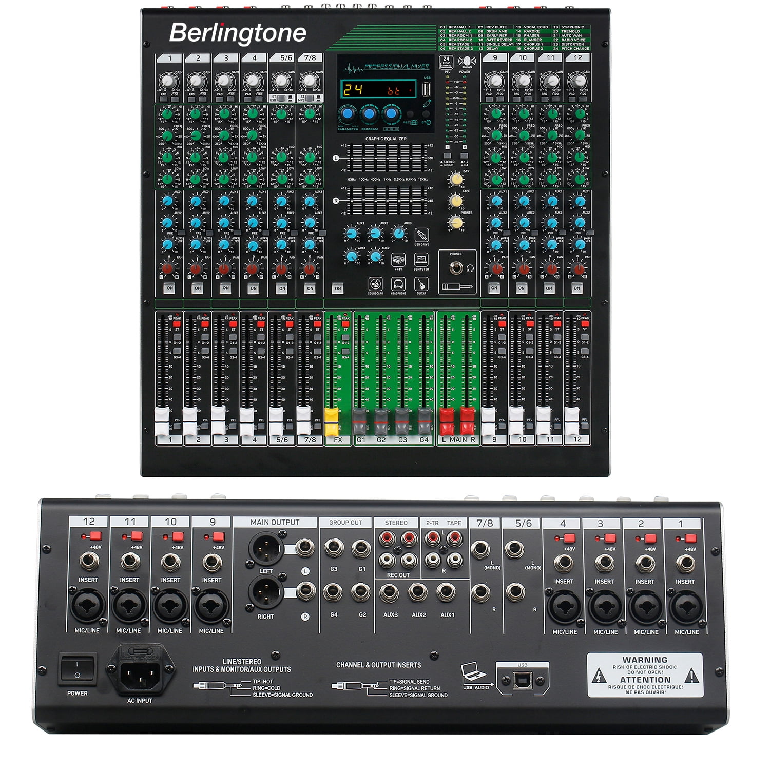Berlingtone BR-212MX,12-Channel Professional Bluetooth Audio Mixer, PC Recording, 24 DSP Effects,48V Phantom Power,10 Microphone Jack, 2 Stereo Input Soundboard,14 band EQ, RCA Input/Output, Unpowered