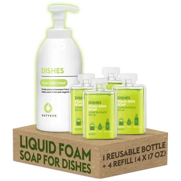 DutyBox Dish Soap - Biodegradable Liquid Dish Detergent, 1 Reusable Pump Dispenser Bottle and 4 Concentrate Capsules (4 x 17 oz) - Fresh Scent