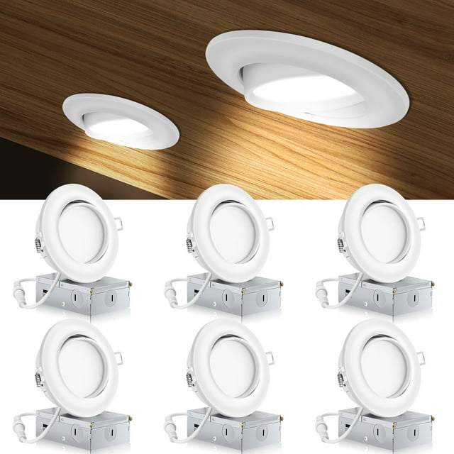 KnLnny Ware 4 Inch Recessed Lighting 6 Pack,Ajustable Led Eyeball Gimbal Light,Led Recessed Lighting 4 Inch Ceiling Light with Junction Box,5CCT Selectable,Airtight,9W 7