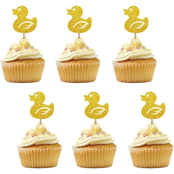 12pcs Duck Cupcake Toppers for Farm Theme Birthday, Gold Glitter Little Duck Sign Cupcake Toppers, Cake Decorations for Baby Shower/Farm Animal Theme Party Supplies