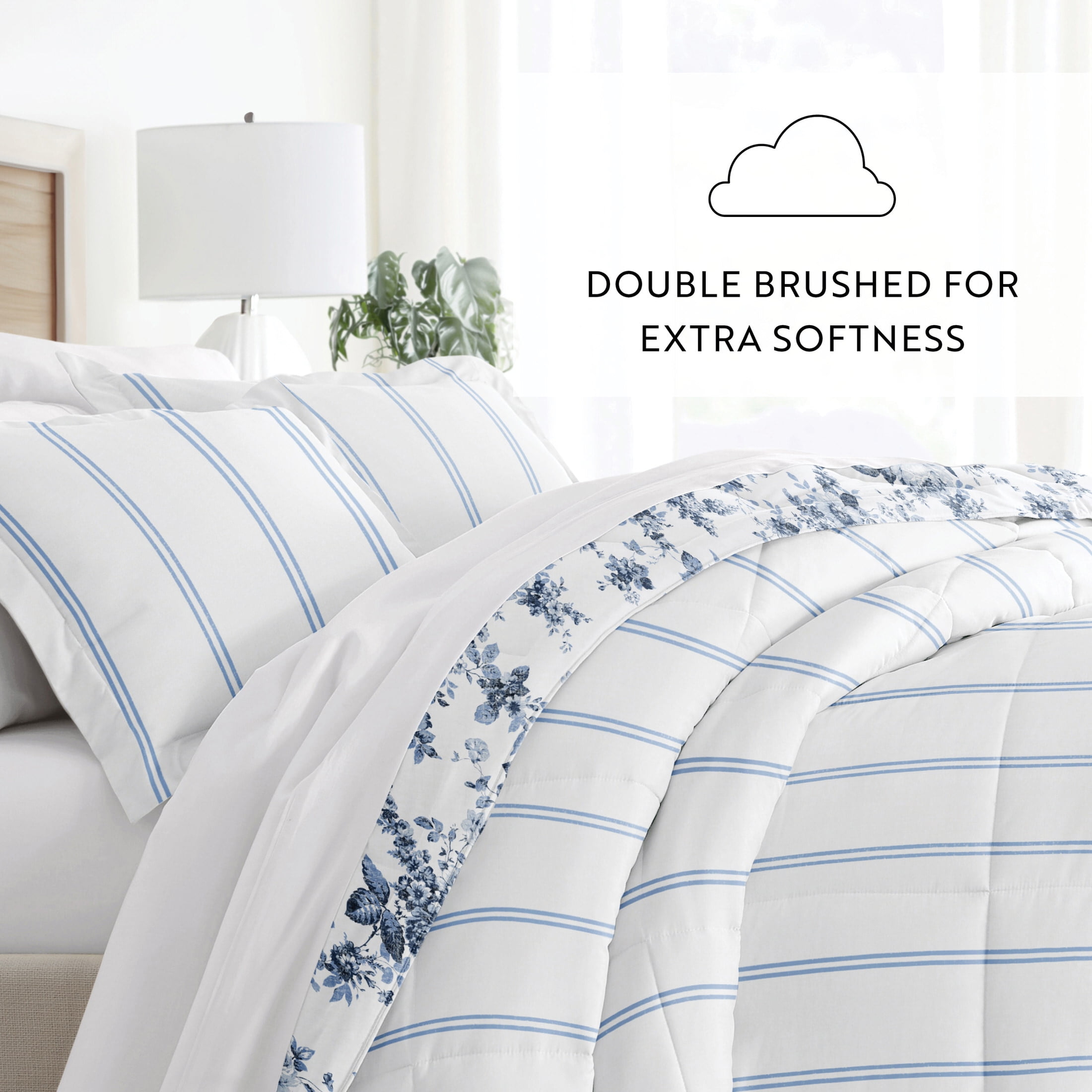 Noble Linens Down Alternative Cabbage Rose Stripe Stone Reversible Comforter Set
