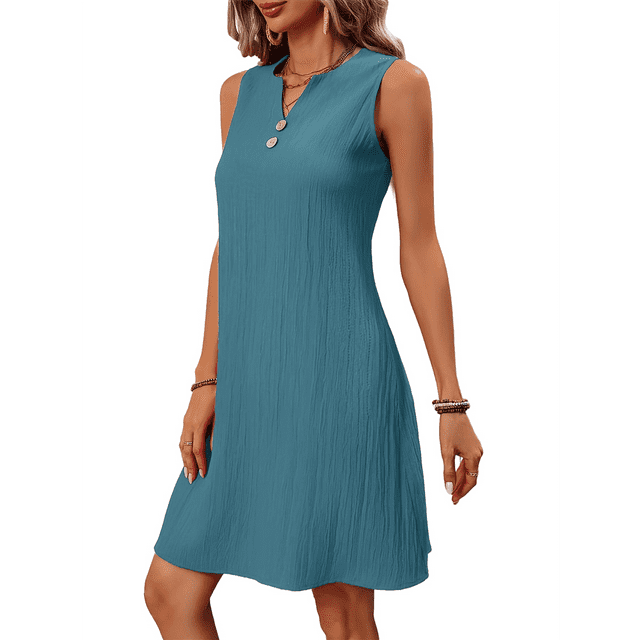 Vestidos de Verano para Mujer, para Vacaciones en la Isla, Sin Mangas, Cuello en V, Túnica Informal para Playa. Azul Mar L
