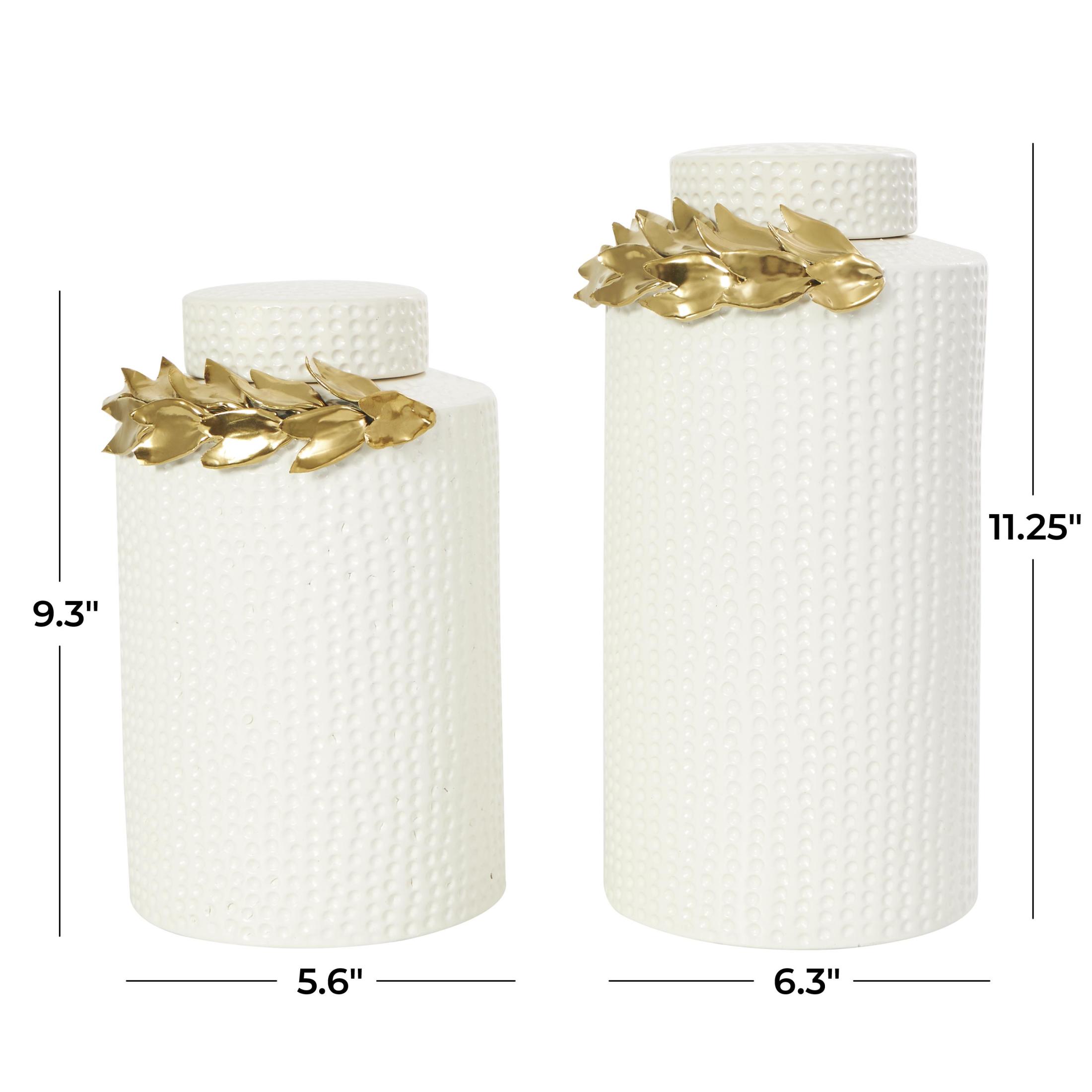 DecMode 11", 9"H White Ceramic Leaf Decorative Jars with Abstract Spotted Pattern and Gold Accents, 2-Pieces