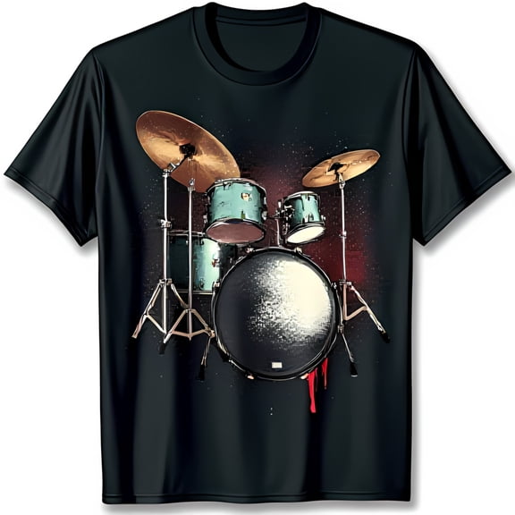 Cool Black T-Shirt with Blue & Grey Drum Set Graphic on Grunge Background