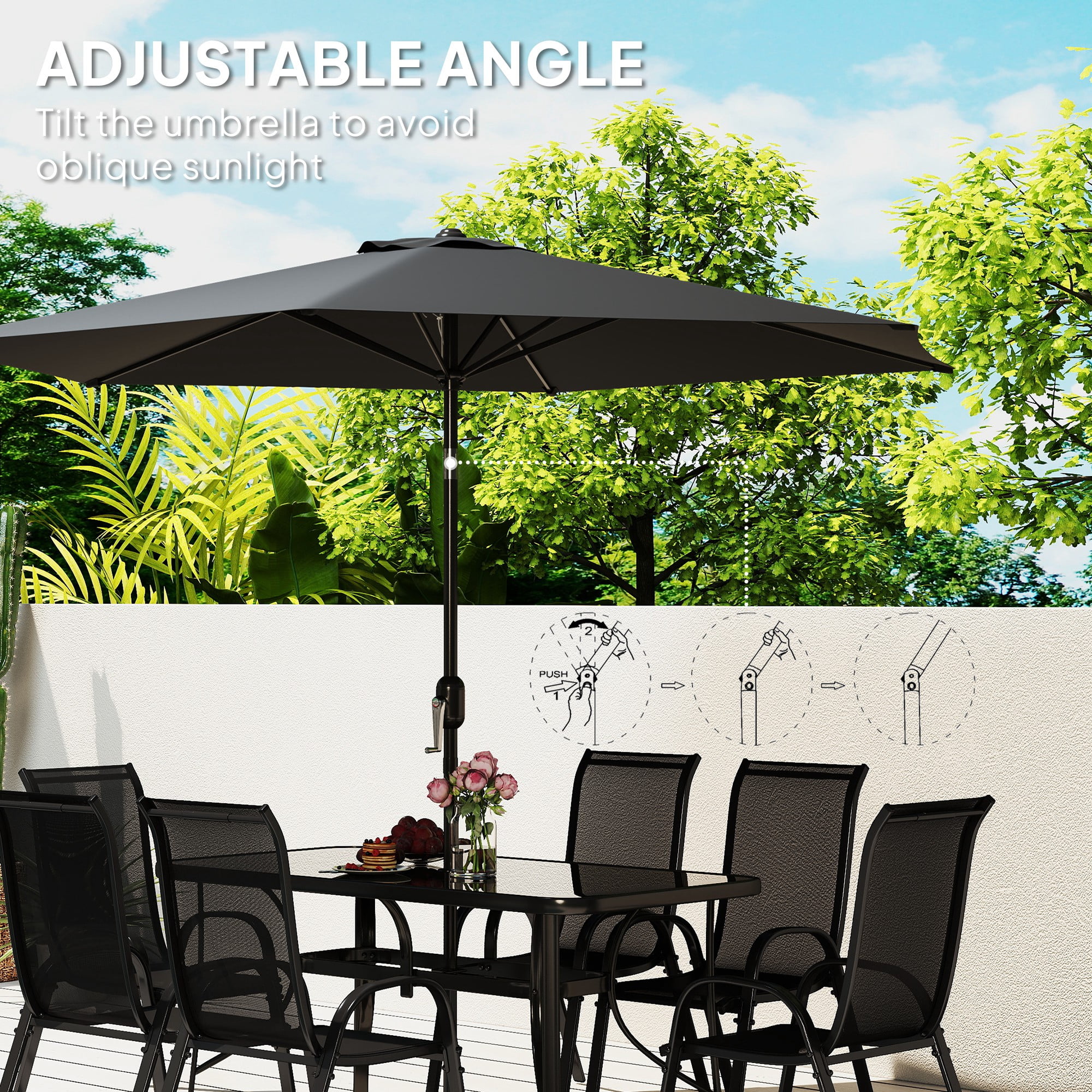 Outsunny 8 Piece Patio Furniture Set with Umbrella, Outdoor Dining Table and Chairs, 6 Chairs, Push Button Tilt and Crank Parasol, Glass Top, Black