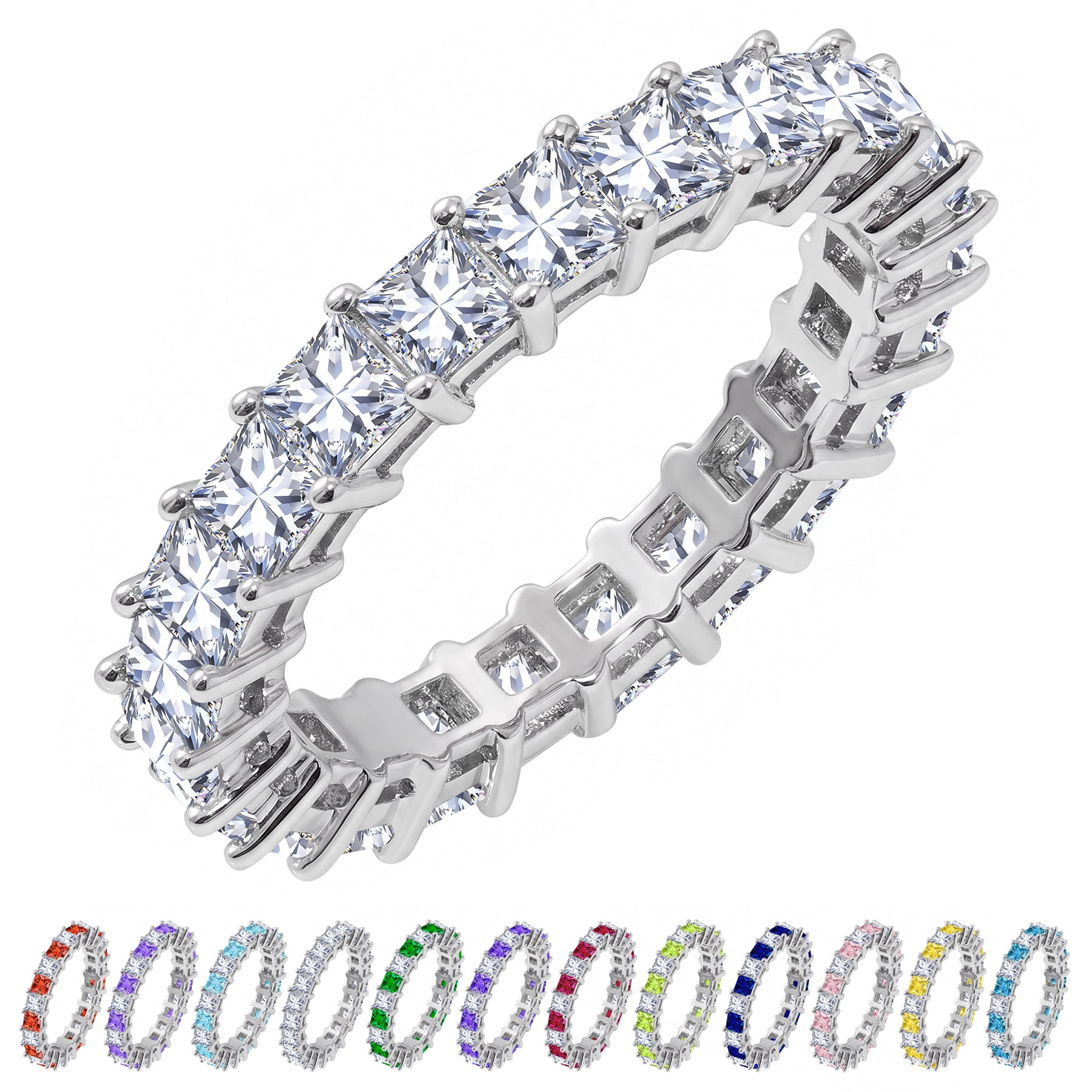 JeenMata 12 Carat Princess Cut April Birthstone - Multicolor Eternity Wedding Band - Cubic Zirconia Rings in 18K White Gold Plating for Women