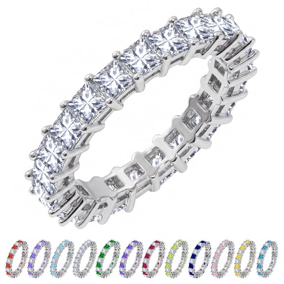 JeenMata 12 Carat Princess Cut April Birthstone - Multicolor Eternity Wedding Band - Cubic Zirconia Rings in 18K White Gold Plating for Women